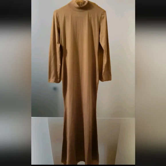 Women Tan Long Maxi Jersey Dress Solid High Neck Zip Up Flared Bodycon Dress - Picture 4 of 4